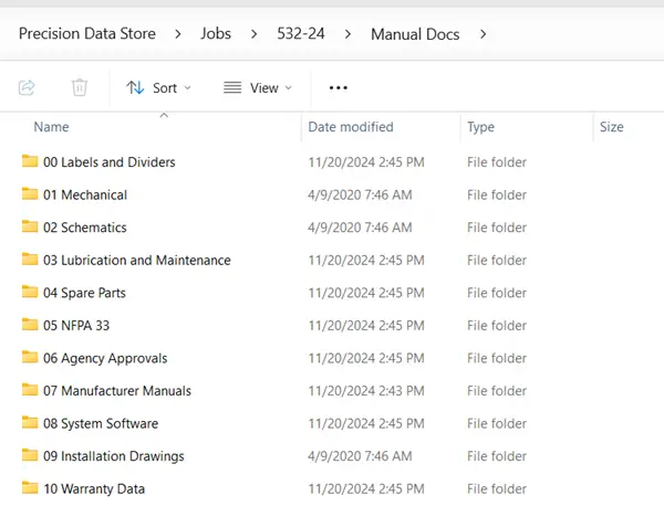 Screenshot showing the organized file folder structure for job documentation, including schematics, manuals, software, and installation drawings.