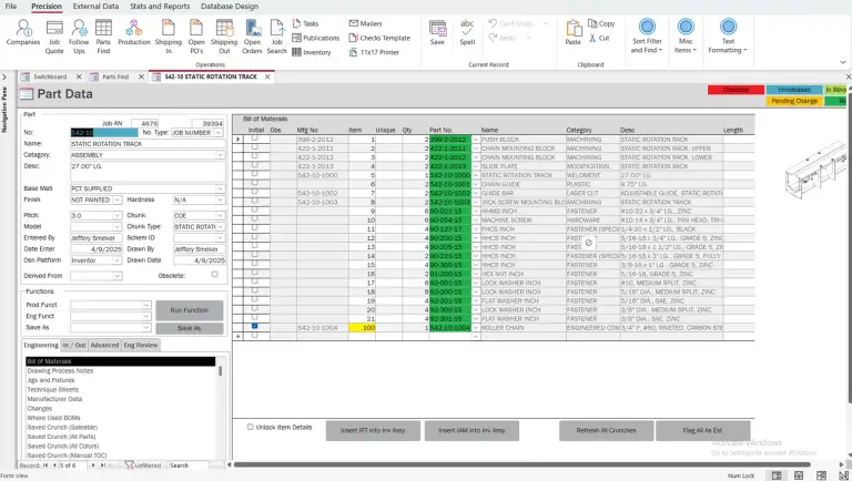 Screenshot of the Microsoft Access Part Details form at Precision Conveyor, showing part 542-10 with linked BOM data and Inventor integration.