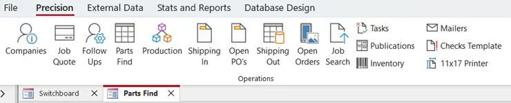 Screenshot of the main navigation menu in Precision Conveyor’s Microsoft Access system, showing custom ribbon tabs for quoting, parts, production, purchasing, and inventory operations.