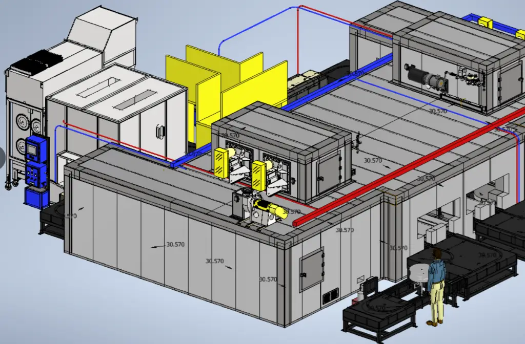 3D CAD model of a large conveyorized industrial oven system with integrated ducting, controls, and part handling stations.