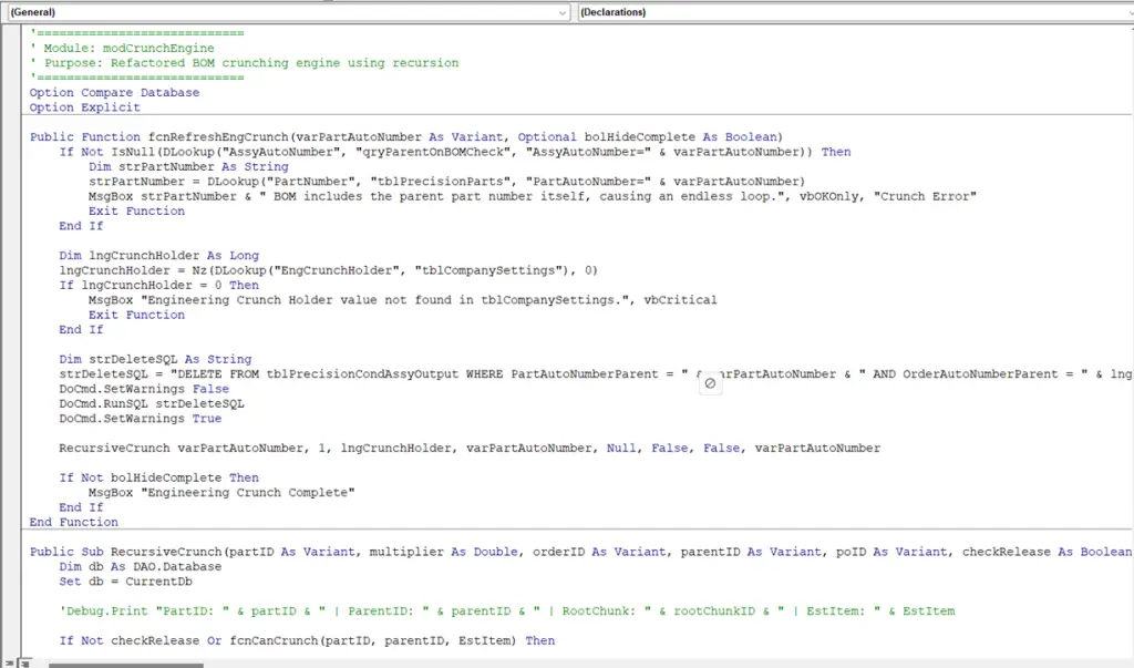Screenshot of VBA code from Precision Conveyor’s Access system showing the recursive BOM crunching engine used to update assembly part structures.