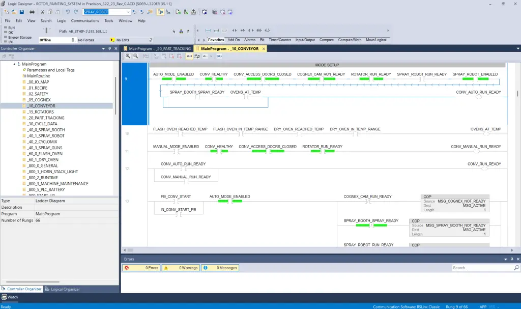 Ladder logic screenshot showing conveyor system automation programming in Rockwell Logix Designer