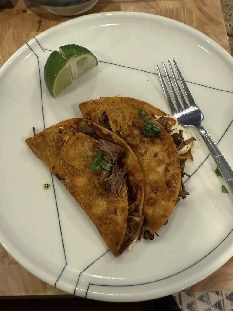 Close-up photo of crispy birria tacos filled with shredded beef and melted cheese, seared to a golden brown and topped with fresh cilantro and diced onion.
