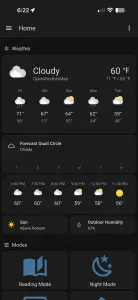 Home dashboard with weather, outdoor humidity, and Reading / Night modes