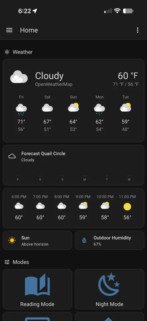 Home dashboard with weather, outdoor humidity, and Reading / Night modes