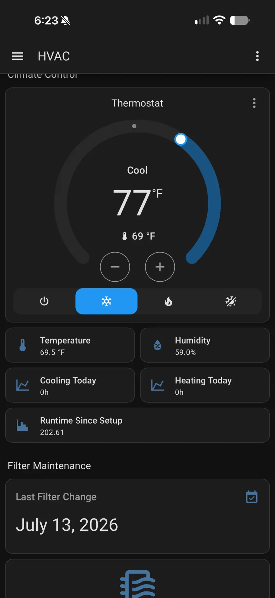 HVAC dashboard with thermostat, runtime, and filter date