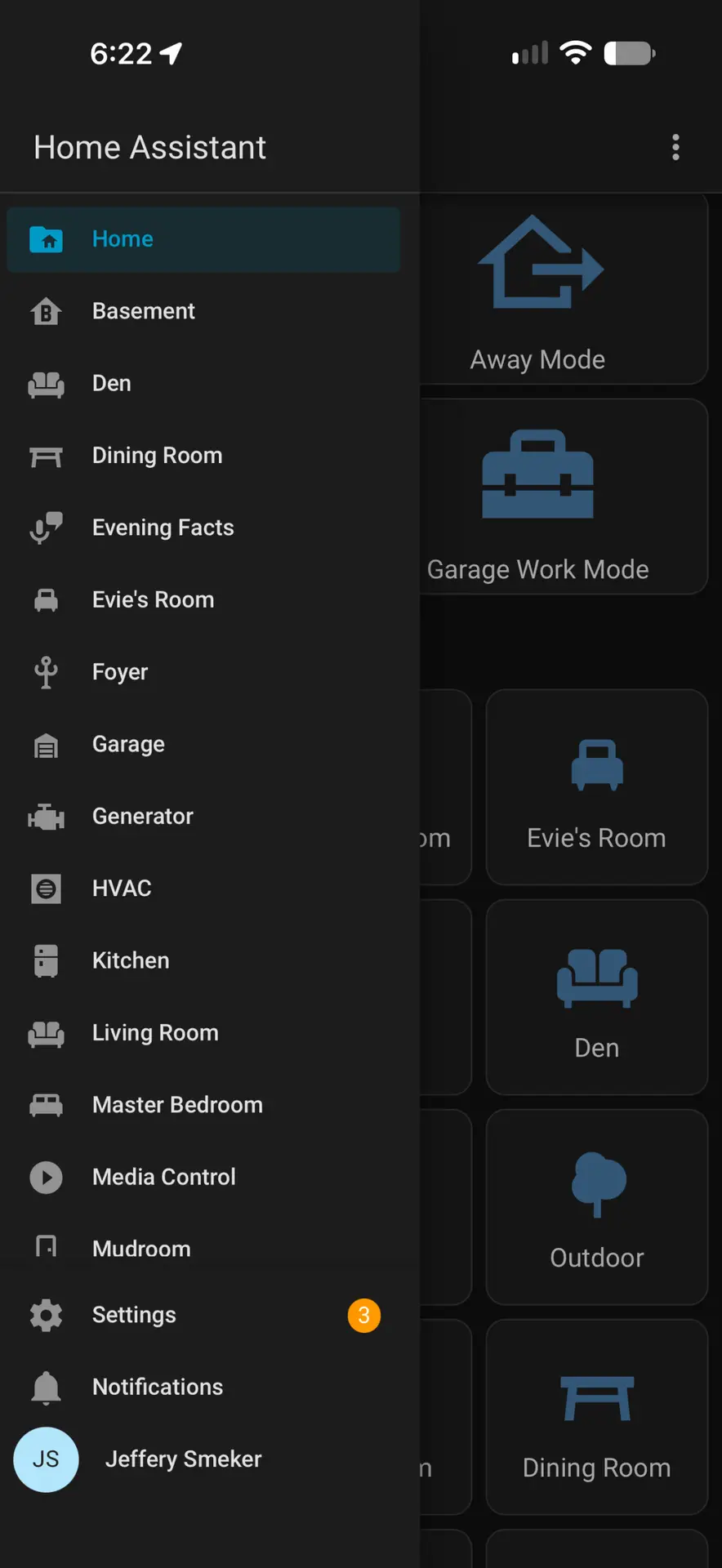 Room list and modes (Away, Garage Work, Evie’s Room, Den, Outdoor)