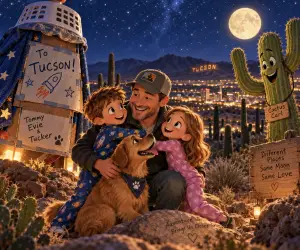 Tommy, Evie, Tucker, and Dad under the Tucson moon