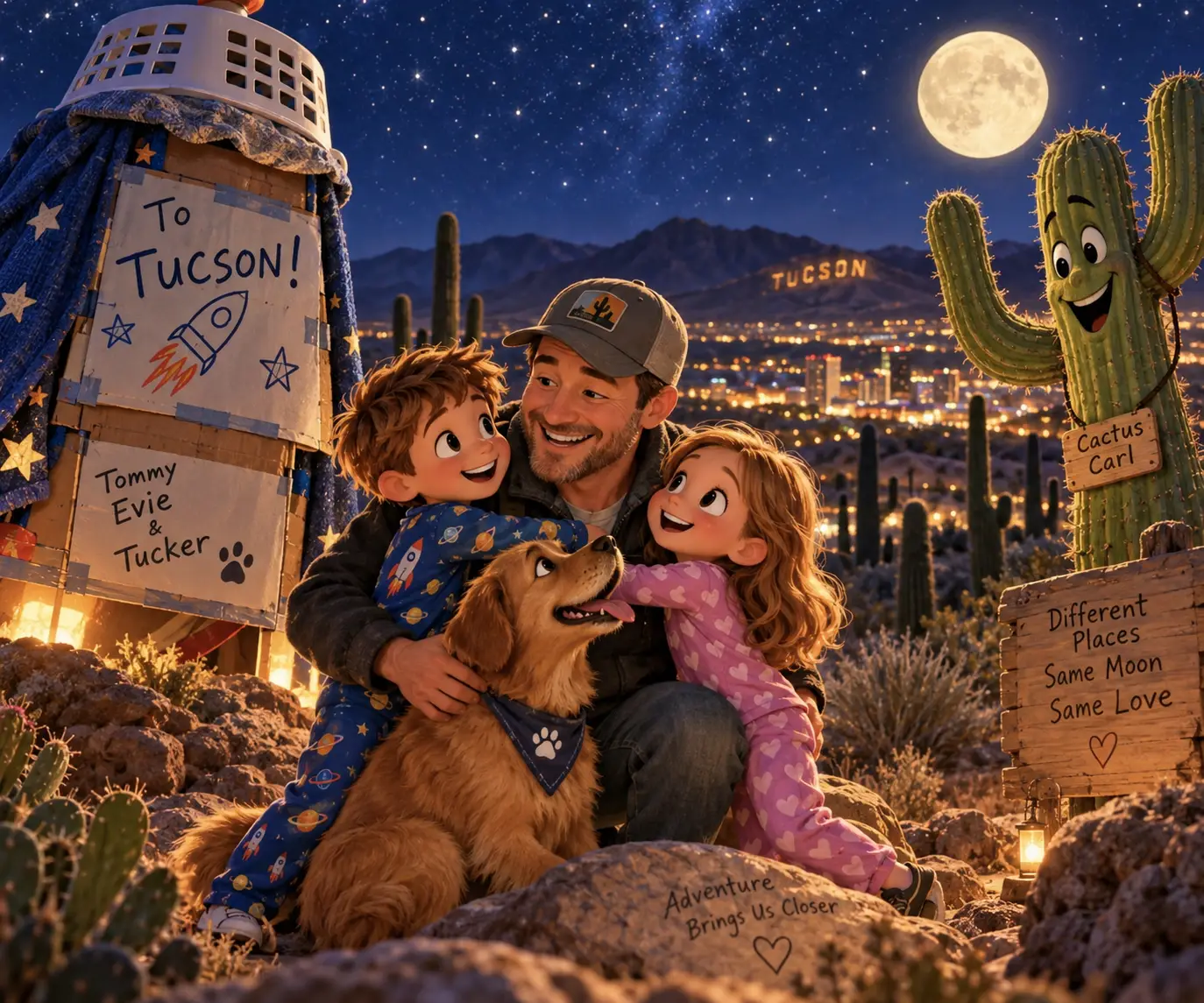 Tommy, Evie, Tucker, and Dad under the Tucson moon
